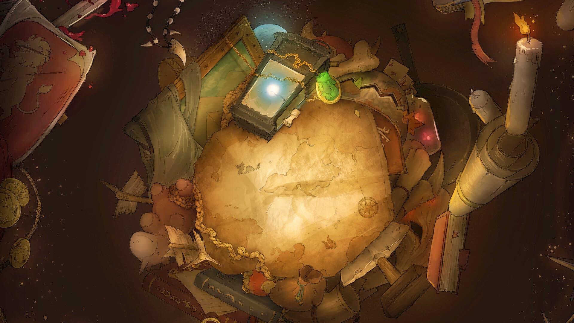 A treasure map surrounded by loot inside a bag of holding